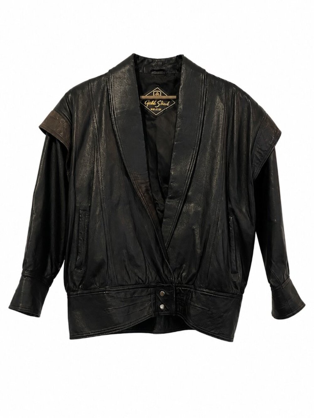 Vintage 80s Gold Shied Italy Black Leather Jacket | Size M | Oversized Batwing - Picture 2 of 6